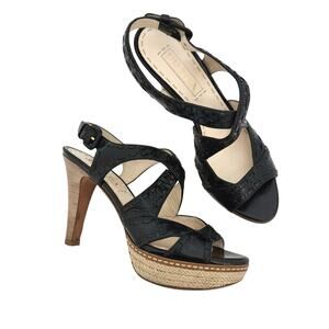 Prada Crisscross Platform Sandals Heels Black Leather Espadrille Platform 36.5